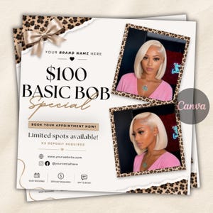 Könnte beinhalten: Ein Werbeflyer mit Leopardenmuster-Rand, einer beigen Schleife und zwei Fotos einer Person mit blondem Bob-Haarschnitt in einem rosa Oberteil. Der Text enthält $100 BASIC BOB Special, BOOK YOUR APPOINTMENT NOW und Social-Media-Symbole.