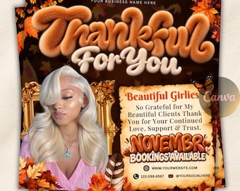 November Booking Flyer, Fall flyer, Fall Booking Flyer, Thanksgiving flyer, Hair Lash Nail Braids MUA Wig Flyer, Canva Editable Template