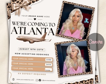 Atlanta Travel Announcement Booking Flyer, Hair Stylist, MUA, Booking Flyer, Lash Tech, Nail Tech, Editable Canva Template