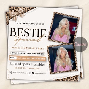 Puede incluir: Un folleto promocional con borde de estampado de leopardo, un lazo beige y dos fotos de una persona con cabello rubio largo y una blusa rosa. El texto incluye BESTIE Special, BESTIE GLOW STARTS HERE, NOW ACCEPTING BOOKINGS, 40% OFF FOR YOU AND YOUR BESTIE y Limited spots available!