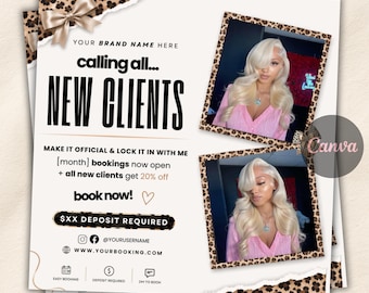 New Client Booking Flyer, Calling All New Clients, Hair Stylist, Lash Tech, Nail Tech, MUA, Editable Canva Editable