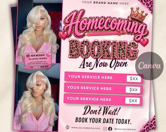 Homecoming Booking Flyer, Hair Homecoming Flyer, Hoco Szn Flyer, Flash Sale Flyer, Braids, Wig, Nail, Lash Bookings Flyer, Editable Canva