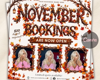 November Booking Flyer Template, Fall Cheetah Appointment Flyer, Editable Canva Template