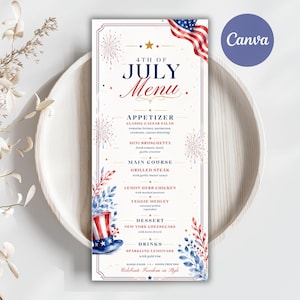May include: A vertical 4th of July menu card featuring a red, white, and blue color scheme. The design includes a waving American flag, watercolor fireworks, and a top hat. Text lists appetizers, main courses, desserts, and drinks with star accents.