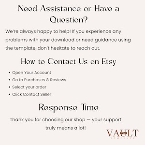 May include: An informational graphic with black text on a light background. It reads: Need Assistance or Have a Question? We&rsquo;re always happy to help! How to Contact Us on Etsy: Open Your Account, Go to Purchases & Reviews, Select your order, Click Contact Seller. Response Time. Thank you for choosing our shop. The Vault Template logo is at the bottom.