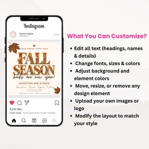 May include: A smartphone displaying an Instagram post template with the text FALL SEASON, featuring leopard print and autumn leaf graphics. To the right, a list titled What You Can Customize? details options to edit text, fonts, colors, and layout.