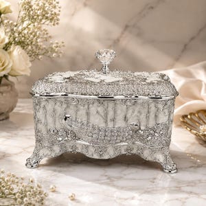 Premium Peacock Silver Decorative Jewelry Box with Crystal Knob | Luxury Metal Storage Box | Vintage Home Décor & Gift