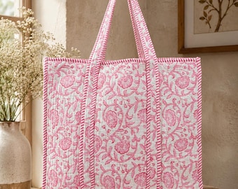 Block Gedruckt Gesteppte Baumwolle Einkaufstasche, Reversible Rosa Floral Boho Schultertasche