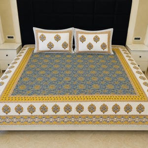 Cotton Block Print Bedsheet Set, Floral Printed Sheets with 2 Pillow Covers, Indian Bedding Set, Super King Size