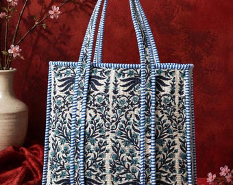 Bolsa de algodão acolchoada artesanal com estampa floral | Bolsa de ombro com zíper para viagens e compras com estampa botânica
