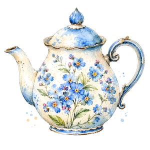 Può includere: Una teiera in ceramica con base color crema e un disegno ad acquerello dipinto a mano di fiori non-ti-scordar-di-me blu e foglie verdi. La teiera include un coperchio abbinato con pomello blu, un manico curvo e un beccuccio con dettagli blu.