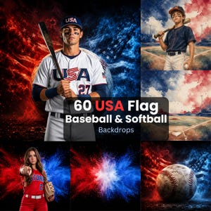 Può includere: Una collezione di 60 sfondi per baseball e softball con bandiera USA, che include un giocatore con maglia bianca USA e mazza, un giocatore sul campo, una palla da baseball ed effetti di fumo rosso, bianco e blu con sovrapposizioni di testo.