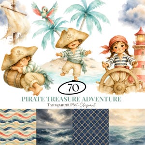 Pirate Kids Watercolor Clipart Bundle, Treasure Map Adventure PNG, Boy Birthday Party Nursery Art, Seamless Patterns Backgrounds (PNG & JPG)