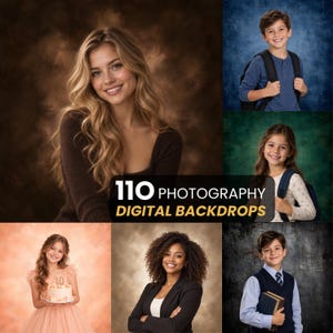 May include: A collection of 110 photography digital backdrops featuring various textured and solid color backgrounds. The image displays multiple examples of portraits set against these backdrops, including brown, blue, green, and peach tones.
