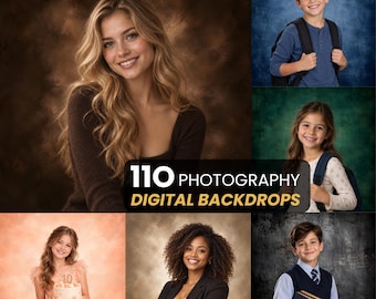 May include: A collection of 110 photography digital backdrops featuring various textured and solid color backgrounds. The image displays multiple examples of portraits set against these backdrops, including brown, blue, green, and peach tones.