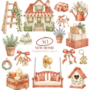 May include: A collection of watercolor illustrations featuring a house, a wooden ladder with a plant, a plaid blanket, a watering can with flowers, keys with ribbons, lavender, stacked boxes, a wreath, candles, a door knob, a swing, and a birdhouse.