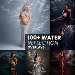 May include: A digital collection of 100+ water reflection overlays featuring various maternity gowns in colors including gray, navy blue, dark green, and burgundy, displayed against shimmering, light-refracting water surface backgrounds.