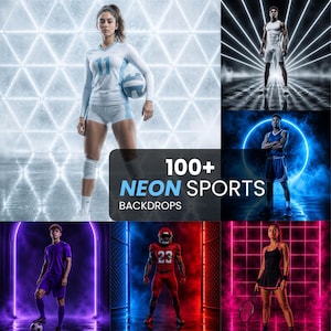 May include: A digital collection of 100+ neon sports backdrops featuring various athletes in athletic apparel, including volleyball, football, and tennis gear, set against vibrant, glowing light patterns in blue, purple, red, and pink hues.