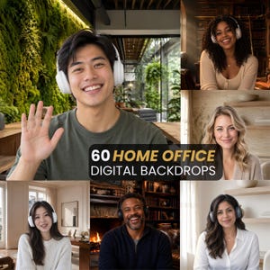 Puede incluir: Una colección de 60 fondos digitales para oficina en casa con diversos interiores, incluyendo una pared verde, una biblioteca y espacios de oficina modernos, con el texto superpuesto 60 HOME OFFICE DIGITAL BACKDROPS.