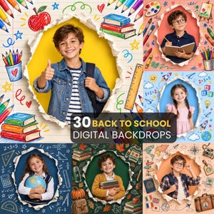 Könnte beinhalten: Eine Sammlung von 30 digitalen Hintergründen für den Schulanfang mit verschiedenen Kindern, die in gerissenen Papierrahmen posieren. Die Designs zeigen Illustrationen von Büchern, Stiften, Globen, Matheaufgaben und Karten auf bunten Hintergründen.
