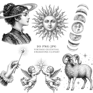 Può includere: Una collezione di incisioni celesti in bianco e nero con una persona con un anello planetario, un sole, fasi lunari, una mano che tiene una bacchetta a stella, due cherubini alati e un ariete, con il testo 20 PNG/JPG VINTAGE CELESTIAL ENGRAVING CLIPART.