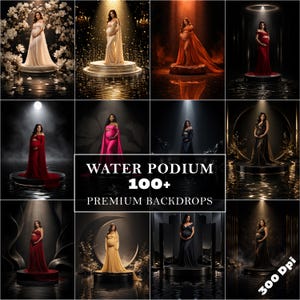 May include: A collage of maternity portraits featuring women in elegant gowns. The images showcase various gowns in colors like red, gold, and black. The text "WATER PODIUM 100+ PREMIUM BACKDROPS" is displayed.