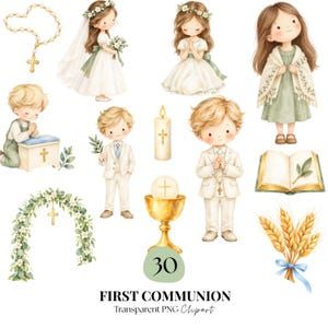 May include: A collection of watercolor illustrations featuring children in religious attire, a rosary, a candle, a golden chalice, an open book, a floral arch, and wheat stalks. The text reads 30 FIRST COMMUNION Transparent PNG Clipart.