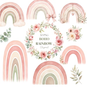 Op de afbeelding: Een digitale collectie van 30 PNG boho regenboog clipart elementen met aquarel regenbogen in tinten roze, beige en saliegroen, bloemstukken, eucalyptusbladeren en een centrale krans met de tekst 30 PNG BOHO RAINBOW Clipart.