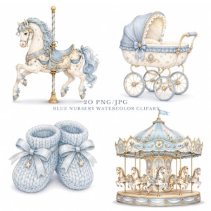 May include: A collection of watercolor illustrations featuring a carousel horse, a vintage baby carriage, a pair of light blue knitted baby booties with bows, and a full carousel ride, with the text 20 PNG/JPG BLUE NURSERY WATERCOLOR CLIPART.