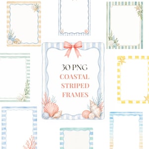 Coastal Frames Clipart, Watercolor Striped Beach Borders, Nautical Seashell Frame for Baby Shower Wedding Invitation, 30 (PNG & JPG)