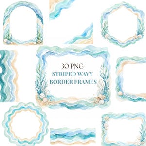 Ocean Wave Frames Clipart, Watercolor Coastal Wavy Borders, Beach Seashell Frames for Baby Shower Wedding Invitation birthday 30 (PNG & JPG)