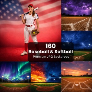 May include: A baseball player in a white and red uniform, holding a bat and glove, stands in front of an American flag. The image includes a collection of baseball field backdrops with various sky scenes. Text reads "160 Baseball & Softball Premium JPG Backdrops."
