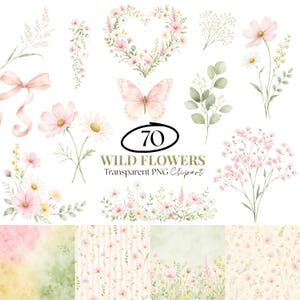 Watercolor Wildflower Clipart, Wild Flowers Wedding Invitation Pink Daisy Meadow Boho Floral Sublimation, Seamless Pattern 70 (PNG & JPG)