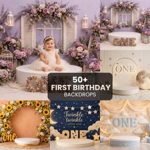May include: A collection of 50+ first birthday backdrops featuring various themes including floral arrangements with purple and white roses, sunflower arches, starry night skies with the text Twinkle Twinkle Little Star, and cloud motifs.