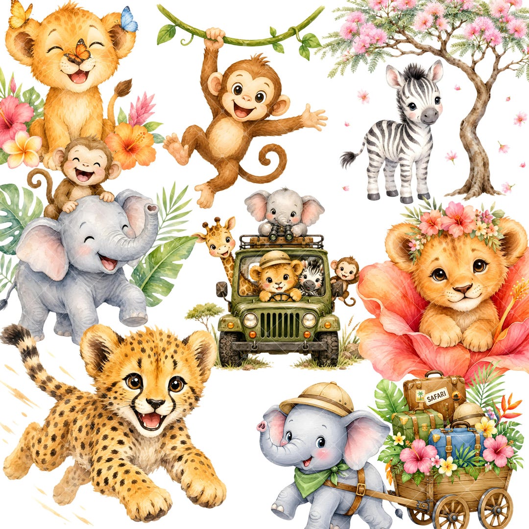 150+ Cute Safari Clipart Animals Watercolor PNG Bundle, Baby Shower ...