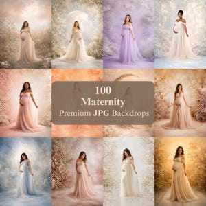 Könnte beinhalten: Eine Sammlung von 100 JPG-Hintergründen für Schwangerschaftsfotos mit Frauen in fließenden Kleidern. Die Kleider sind in verschiedenen Farben, darunter Rosa, Lavendel und Weiß, vor floralen und verträumten Hintergründen. Der Text "100 Maternity Premium JPG Backdrops" ist zu sehen.