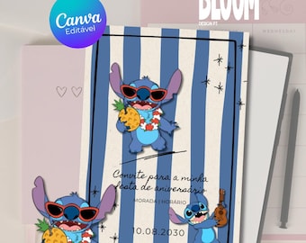 Editable Stitch Boy Birthday Invitation on Canva | Digital Stitch Invitation | Hawaiian Tropical Children's Party | Disney Canva Template