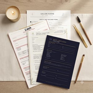 May include: A collection of beauty salon consent forms including a Patch Test Record Form, Lash Client Consent Form, Lash Lift Consent Form, and Brow Lamination Consent Form, accompanied by a gold candle, gold tweezers, and two makeup brushes.