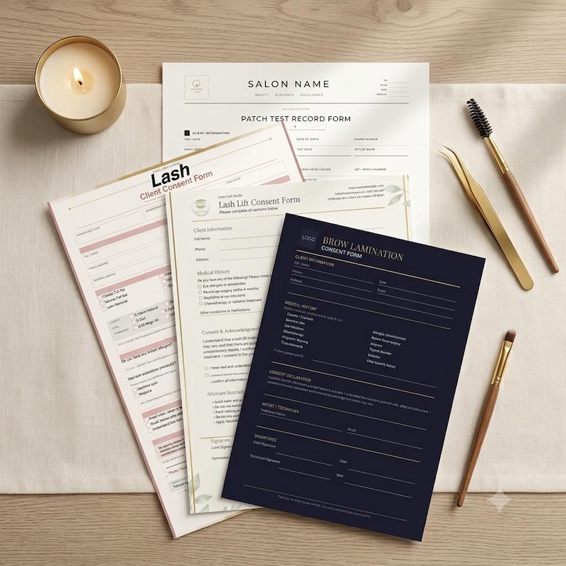 Lash and brow artist forms bundle flat lay showing 4 editable consent form templates on a salon table with gold tweezers and candle, professional design for lash technicians.