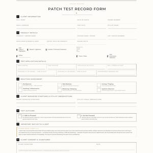 Patch test record form for documenting allergy test results and reactions before lash and brow services, editable salon safety template.