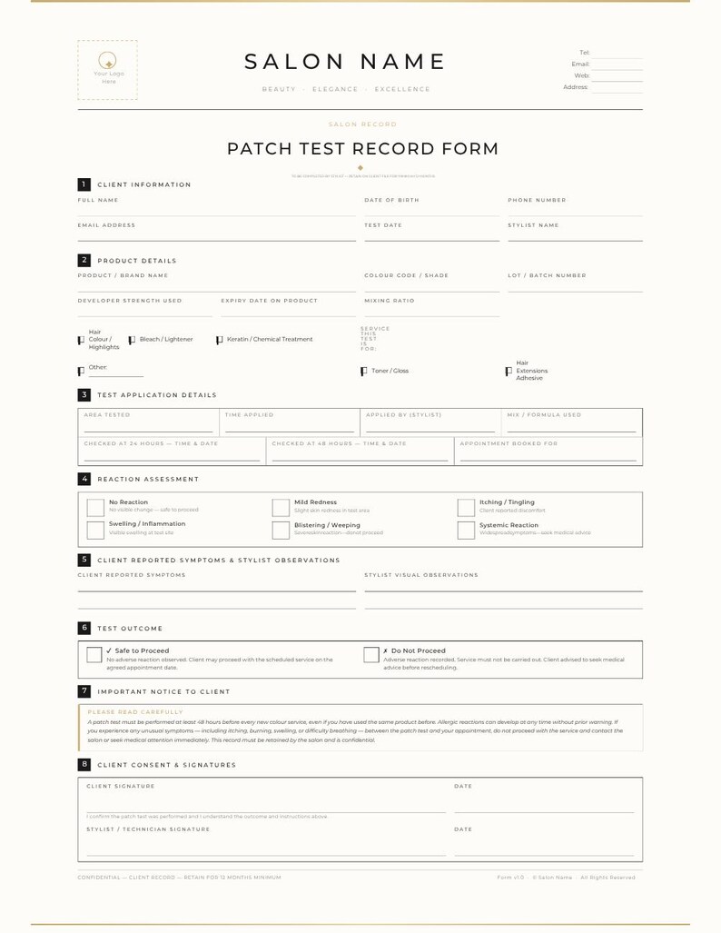 Patch test record form for documenting allergy test results and reactions before lash and brow services, editable salon safety template.
