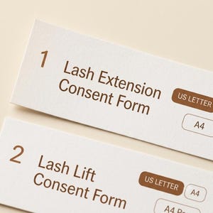 Close-up of lash tech forms bundle download page showing lash extension and lash lift consent form template links in US Letter and A4 sizes.