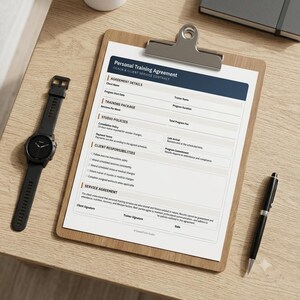 May include: A Personal Training Agreement document on a wooden clipboard with a metal clip. The form includes sections for Agreement Details, Training Package, Studio Policies, Client Responsibilities, and Service Agreement, alongside a black watch and pen.
