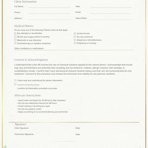 Lash lift consent form with medical history, consent acknowledgment and aftercare instructions, editable Canva template for lash artists, A4 and US Letter.