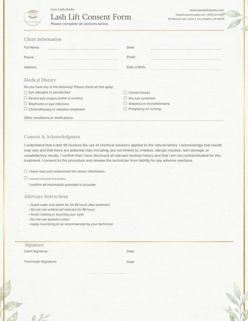 Lash lift consent form with medical history, consent acknowledgment and aftercare instructions, editable Canva template for lash artists, A4 and US Letter.