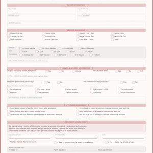 Lash extension consent form with client information, lash set options, allergy questions and client acknowledgment, editable Canva template for lash technicians.