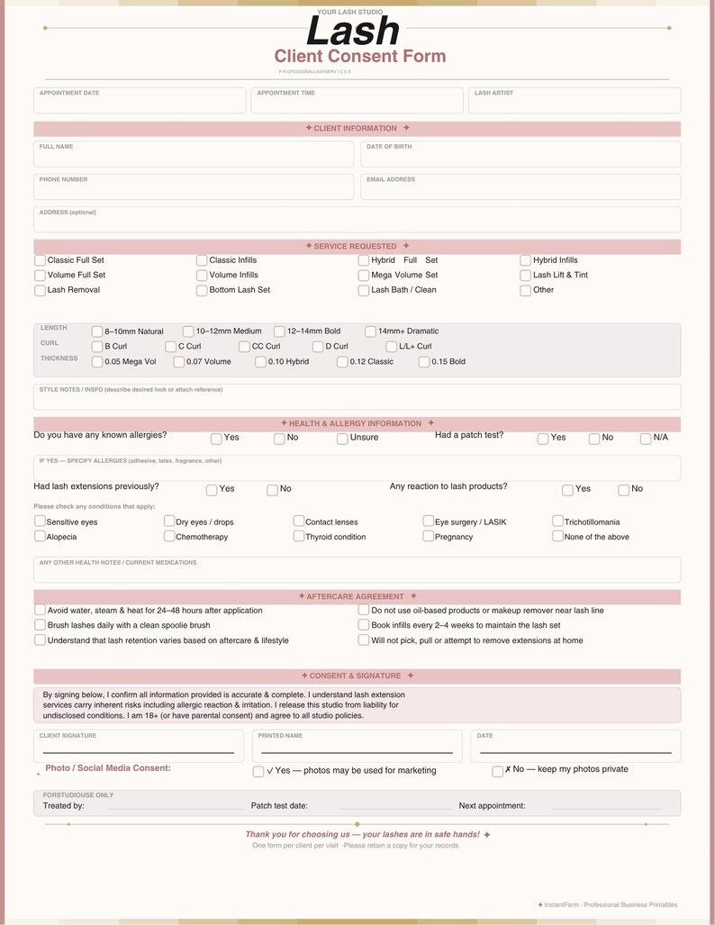 Lash extension consent form with client information, lash set options, allergy questions and client acknowledgment, editable Canva template for lash technicians.