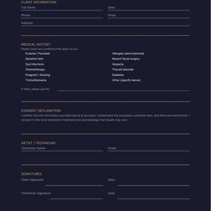 Brow lamination consent form with medical history checklist, consent declaration and client signature section, editable Canva template for brow artists.