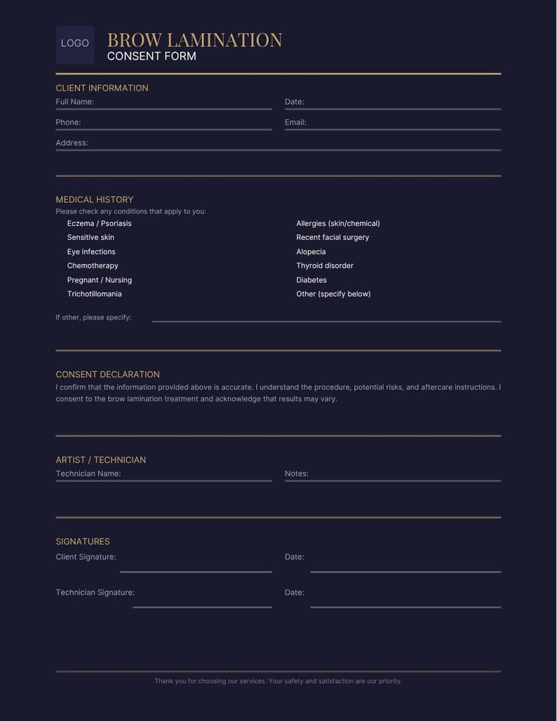 Brow lamination consent form with medical history checklist, consent declaration and client signature section, editable Canva template for brow artists.