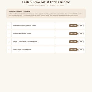 Lash and brow forms bundle contents page showing all 4 editable Canva templates with A4 and US Letter access links, instant download.
